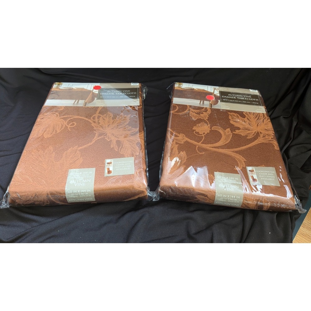 LOT OF 2 Fabric Tablecloth 60" x 144"  DAMASK FLOWERS,  BROWN, AUTUMN VINE, T&CL